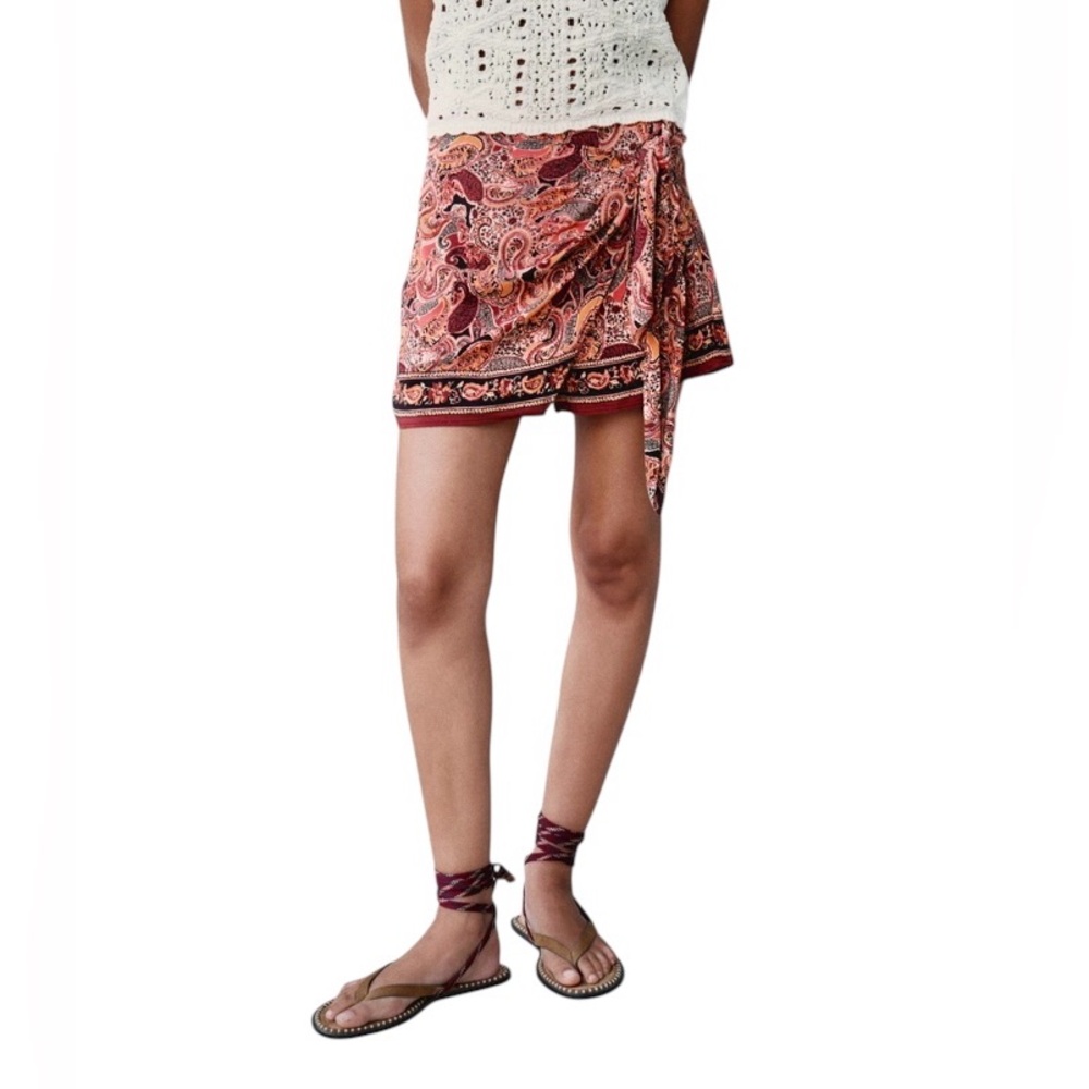 NEW ZARA Size XS 3" Wrap Skort Front Side Knot High Waist Paisley Side Zip Boho